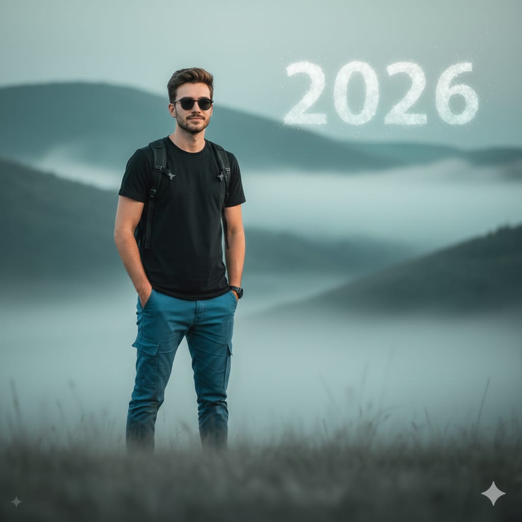 AI Prompt for Cinematic Mountain Portrait with Floating Text Overlay
