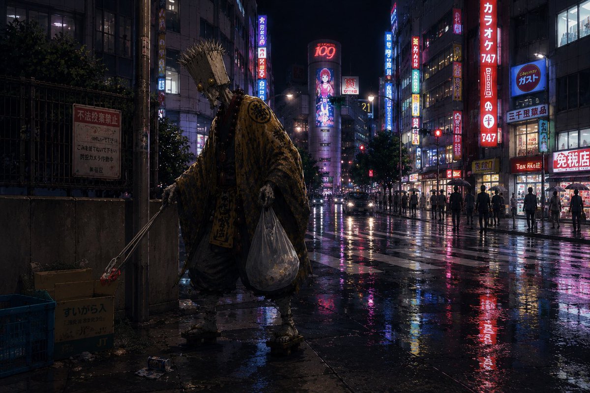 AI Prompt for Cinematic Neon Japanese Street Scene with Monk Collecting Trash