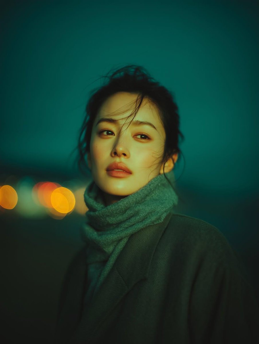 AI Prompt for Cinematic Night Portrait Inspiration with Teal-Green Tones