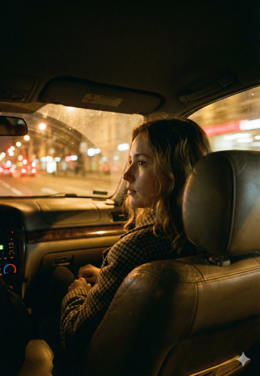 AI Prompt for Cinematic Nighttime Car Portrait: Documentary-Style Image of Woman in Auto