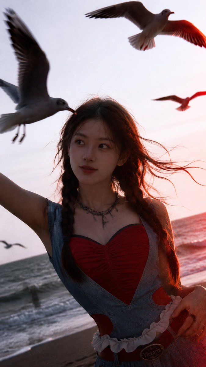 AI Prompt for Cinematic Ocean Sunset Portrait with Wind-Blown Hair