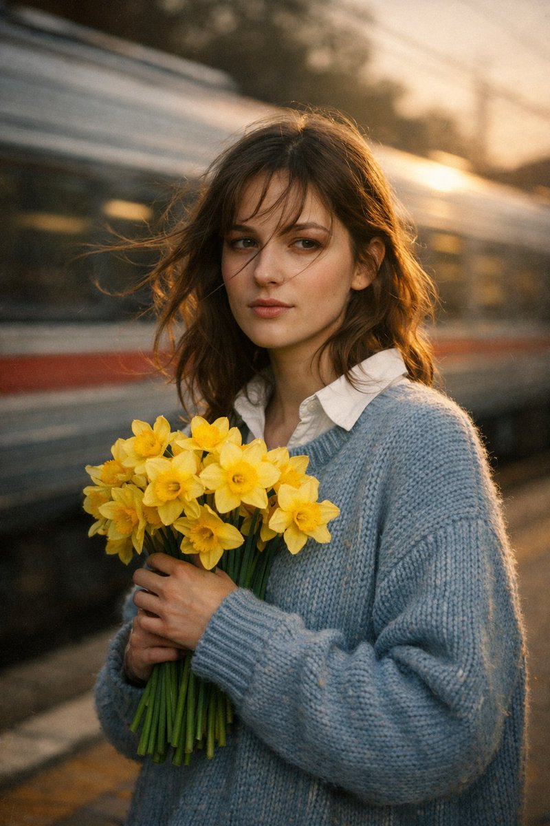 AI Prompt for Cinematic Outdoor Portrait with Daffodils and Railway Platform