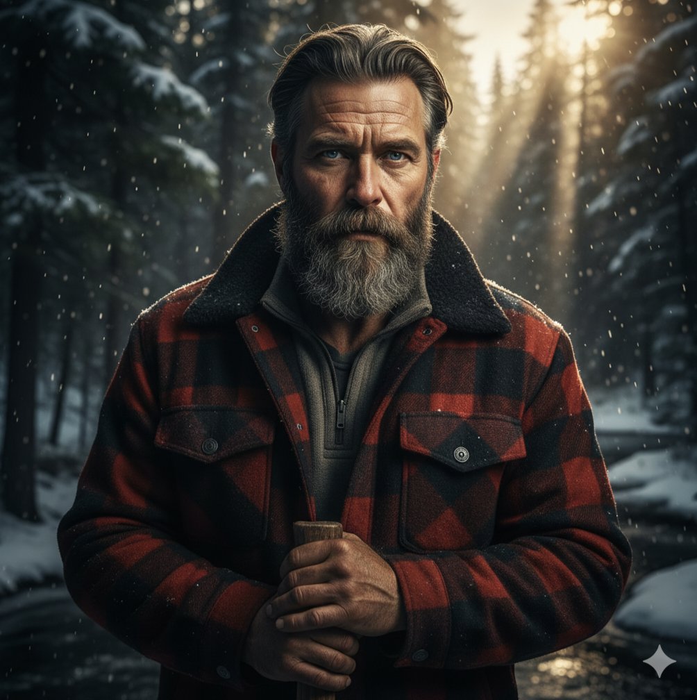 AI Prompt for Cinematic Portrait of a Rugged Lumberjack in Snowy Forest