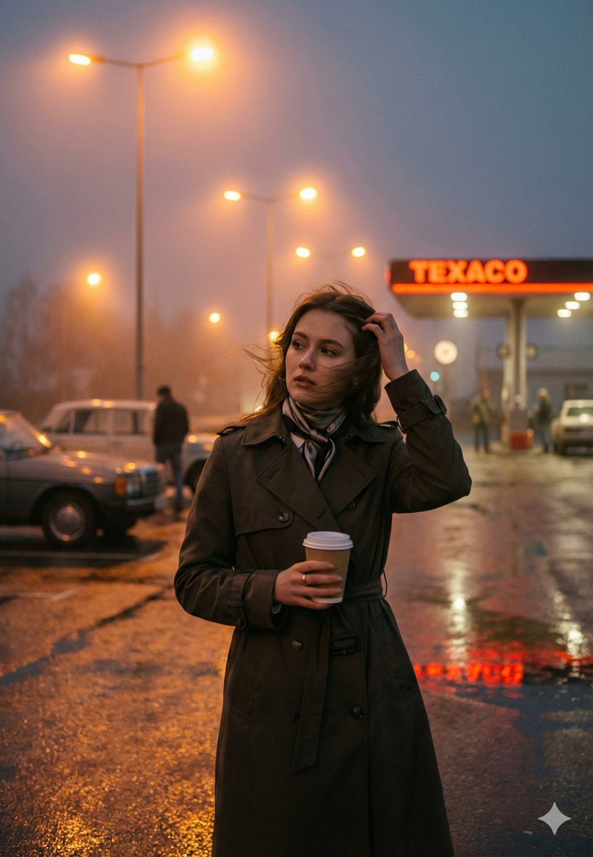AI Prompt for Cinematic Portrait Photography - Gas Station Scene at Dusk