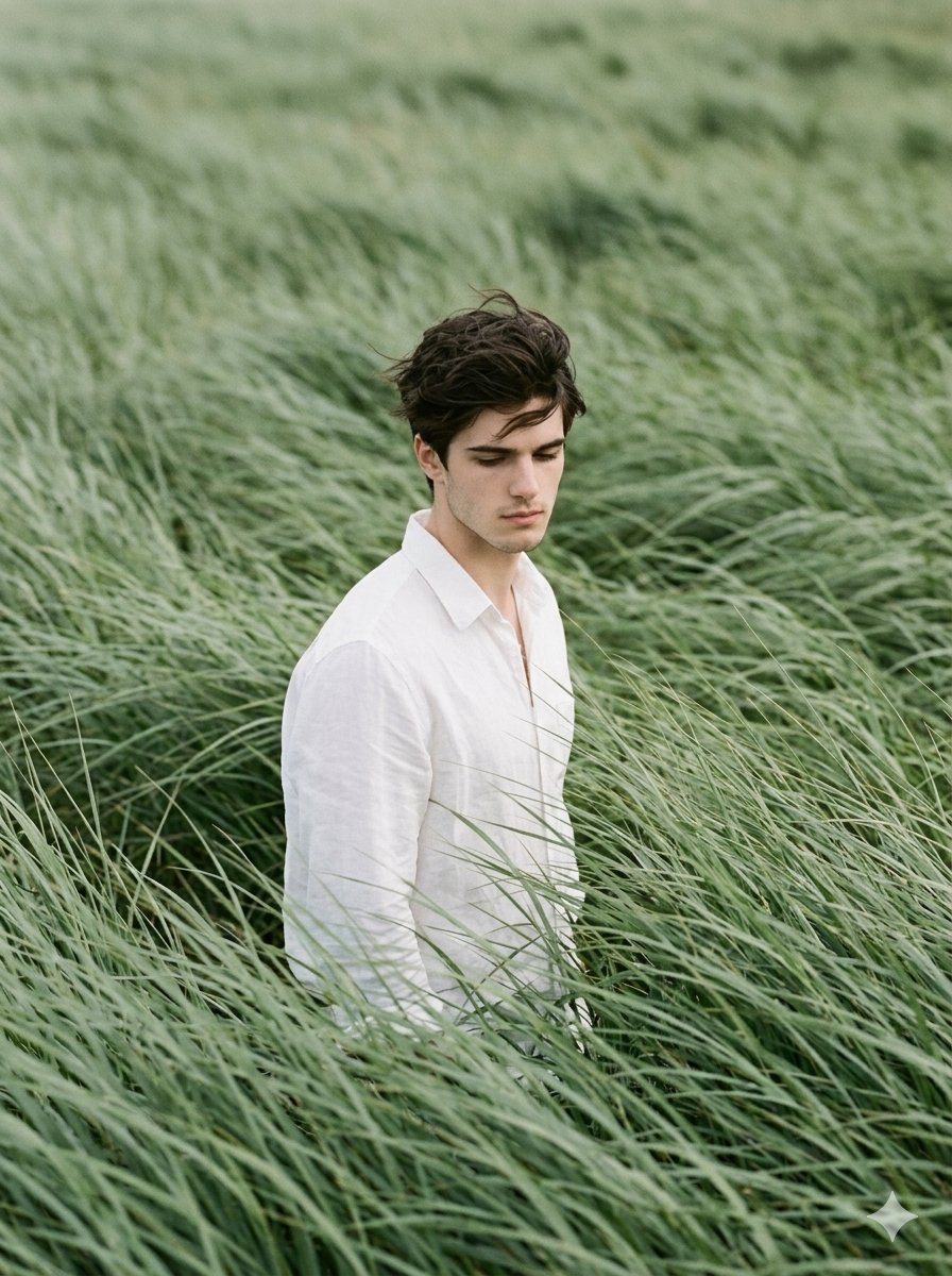 AI Prompt for Cinematic Portrait Photography in Sage Green Grass Fields