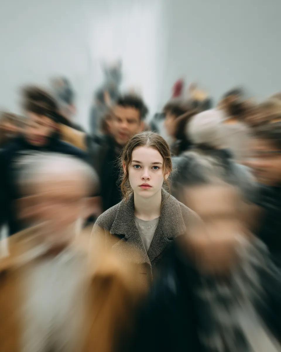 AI Prompt for Cinematic Portrait with Radial Motion Blur - Emotional Isolation in Crowded City