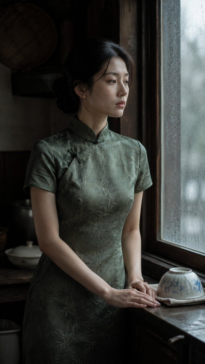 AI Prompt for Cinematic Qipao Portrait by a Rainy Window