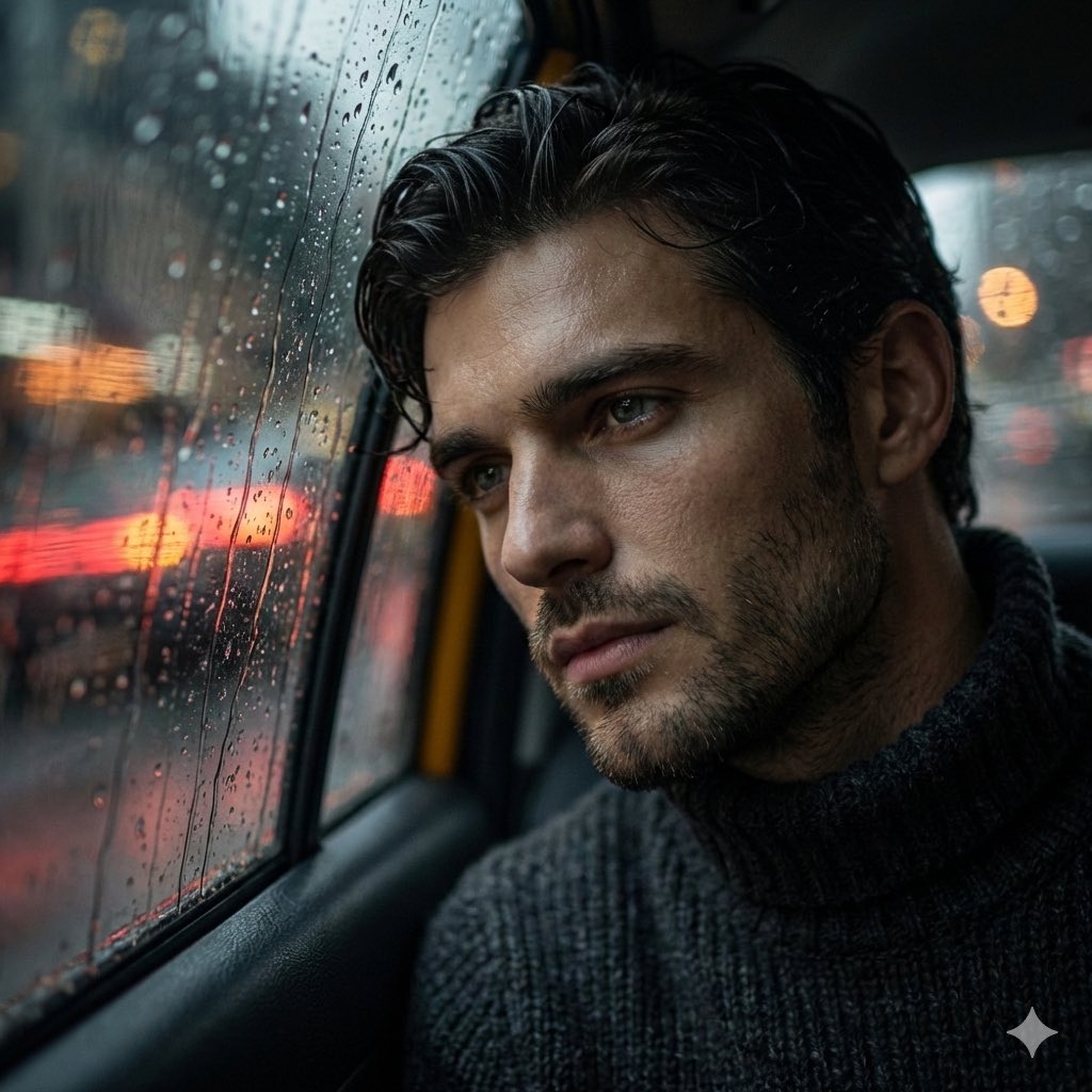 AI Prompt for Cinematic Rainy Taxi Portrait: Emotional, Moody, Close-up