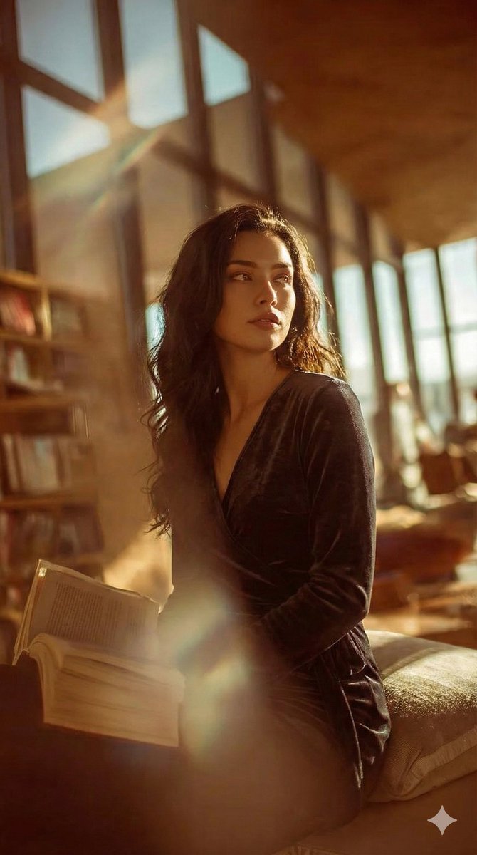 AI Prompt for Cinematic Realism Portrait in a Sunlit Library Loft