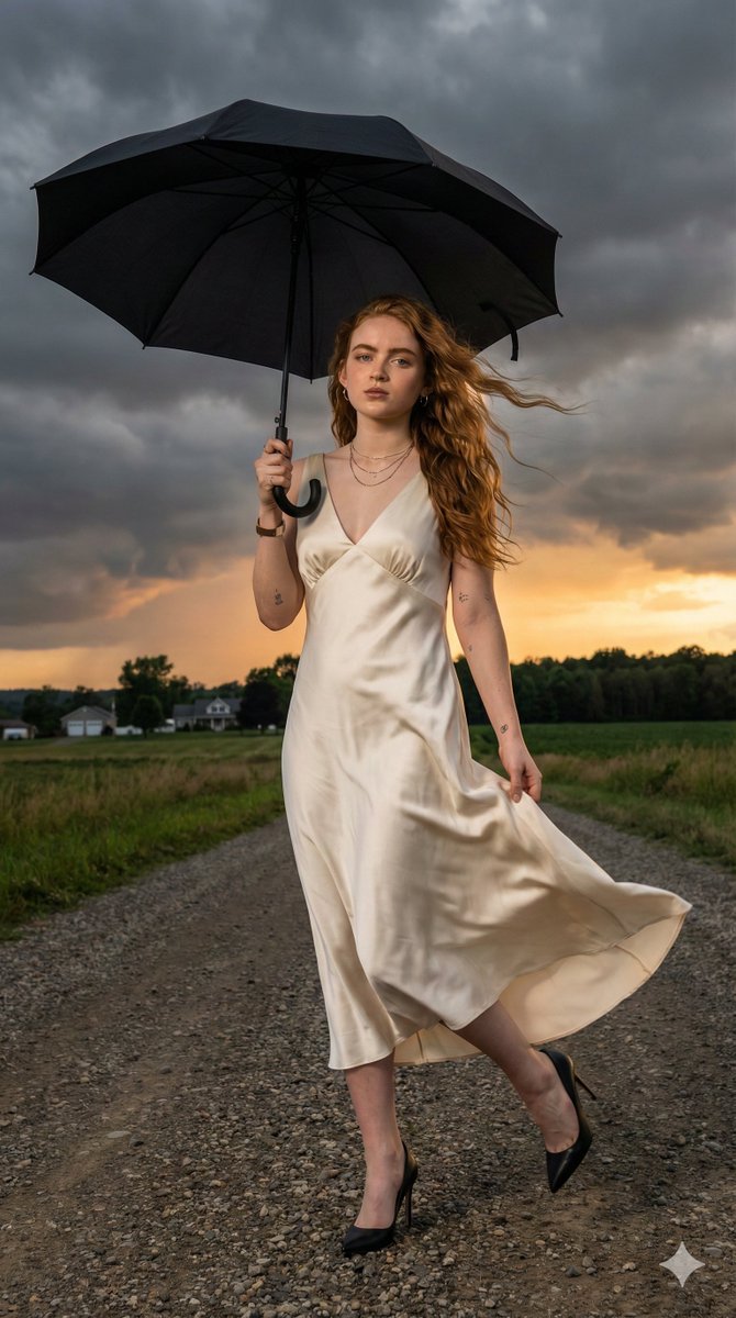 AI Prompt for Cinematic Sadie Sink Stormy Sunset Portrait with Dark Hair