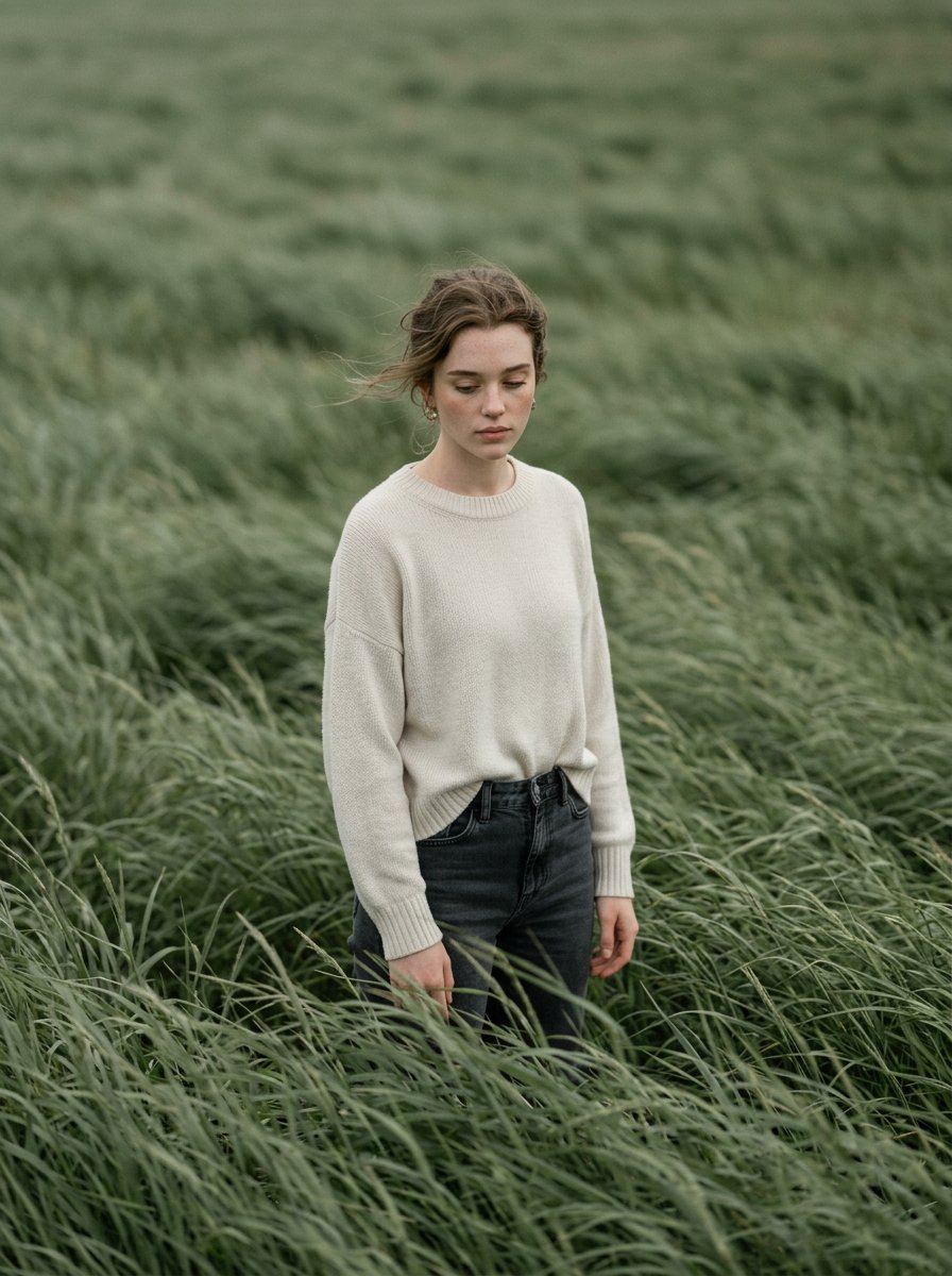AI Prompt for Cinematic Sage Green Grass Field Portrait with Film Aesthetic