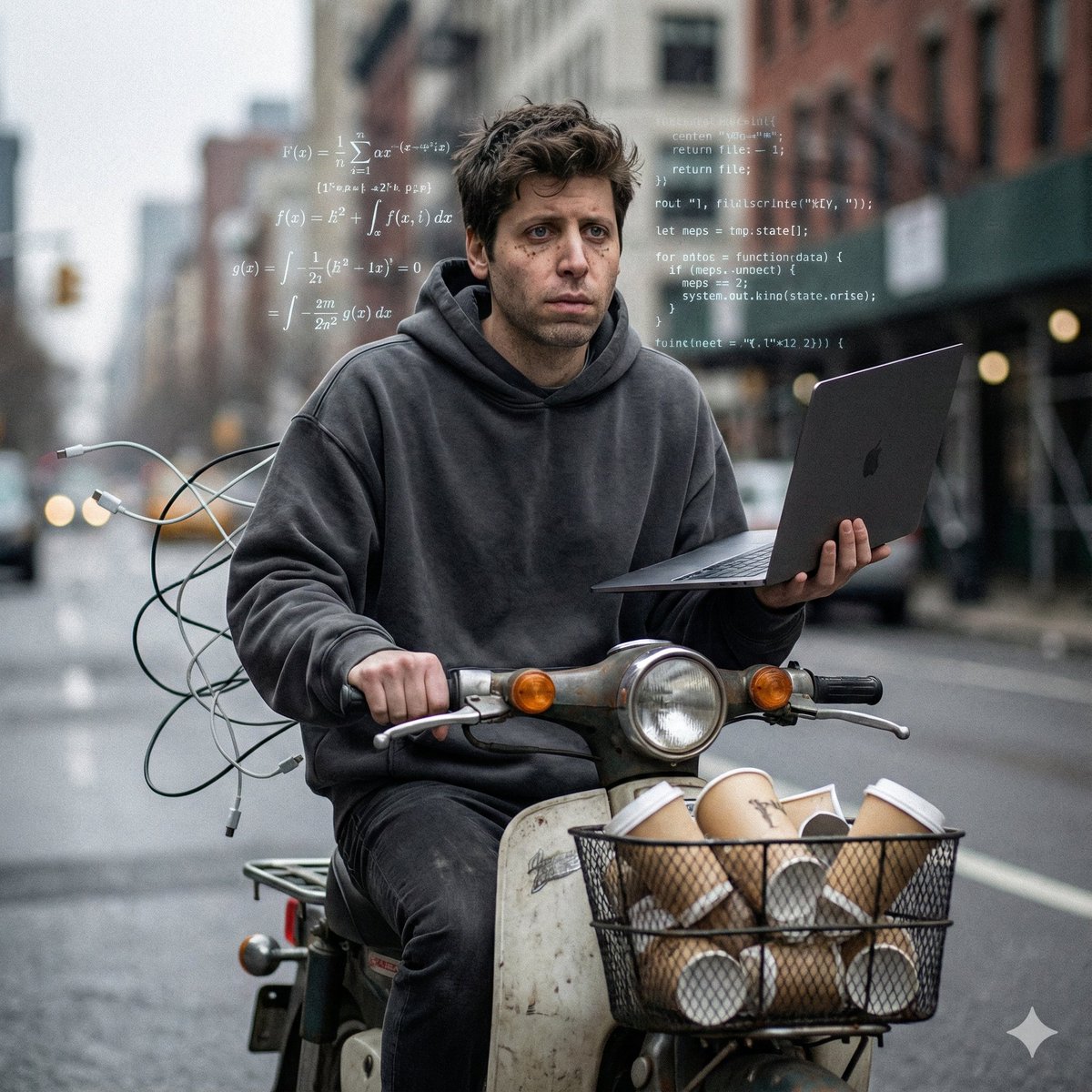 AI Prompt for Cinematic Sam Altman Scooter Image with Laptop
