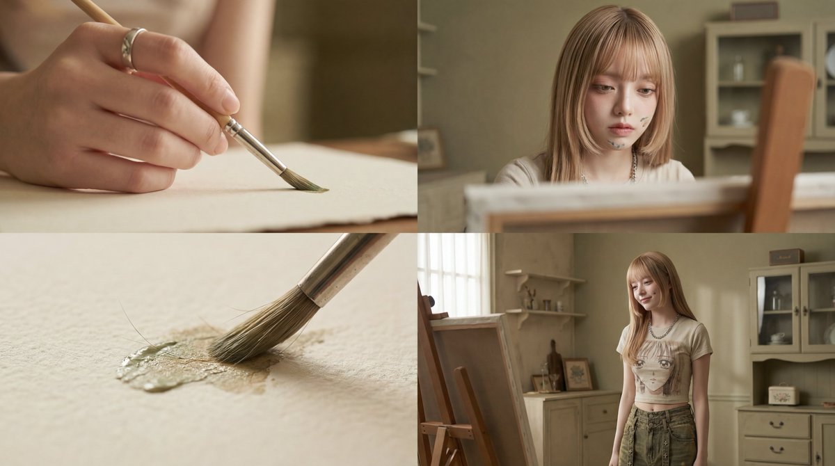 AI Prompt for Cinematic Short Film Still of a Woman Engrossed in Art Creation