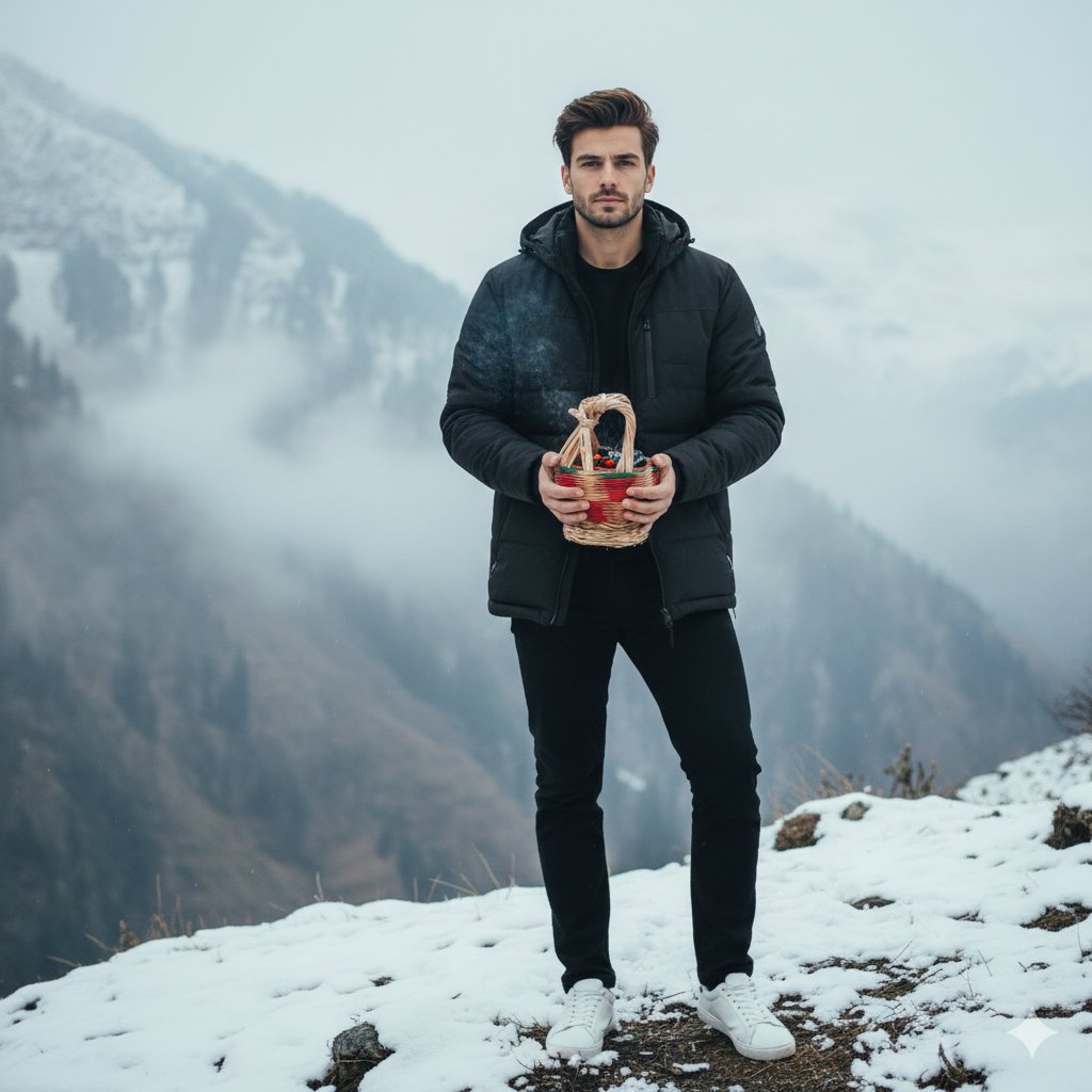 AI Prompt for Cinematic Snowy Mountain Portrait with Moody Atmosphere
