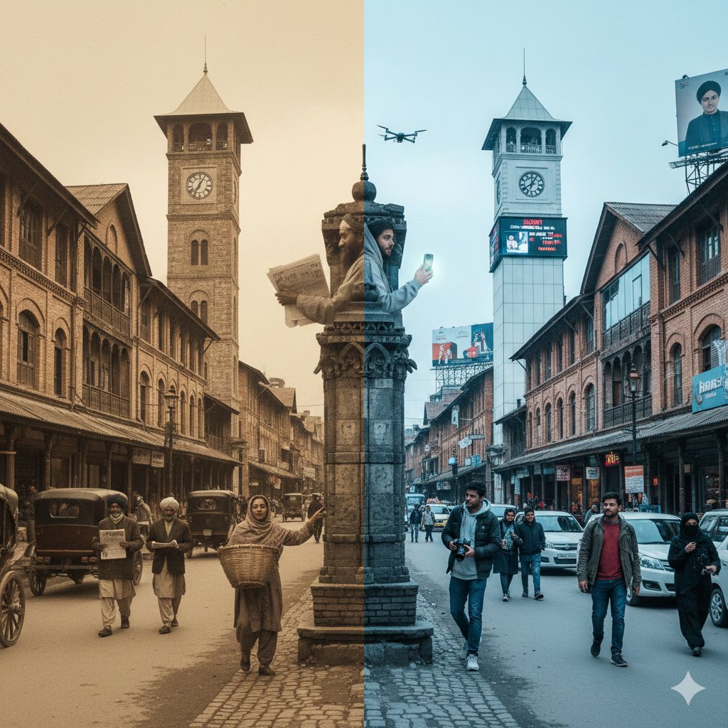 AI Prompt for Cinematic Split-Screen Time Travel Scene with 1920s and Modern Lalchowk, Kashmir