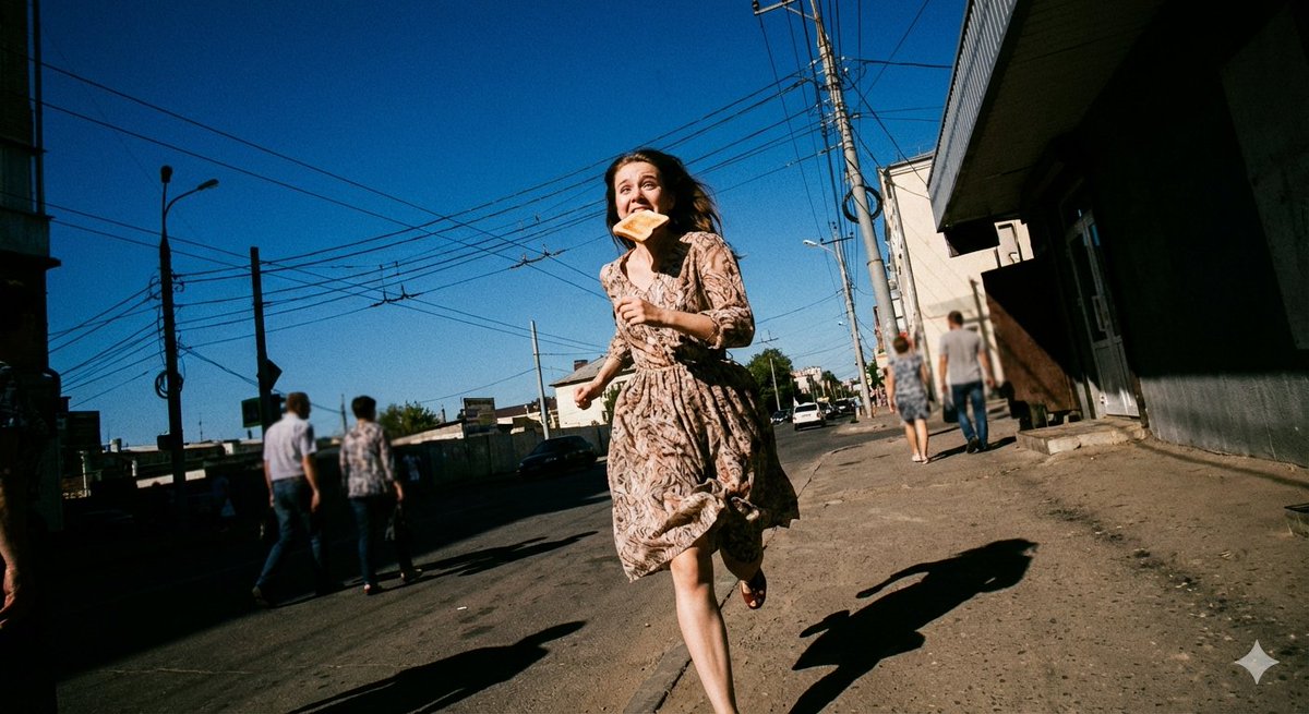 AI Prompt for Cinematic Street Photography - Woman Running Under Power Lines
