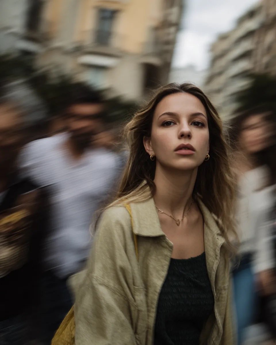 AI Prompt for Cinematic Street Portrait with Motion Blur Effect