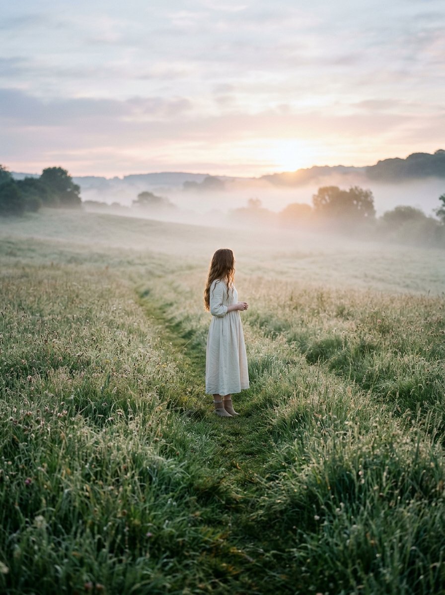 AI Prompt for Cinematic Sunrise Photography of Girl in Dewy Meadow