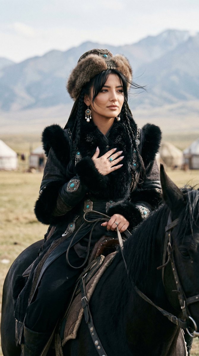 AI Prompt for Cinematic Turkic Noblewoman Portrait on Black Horse