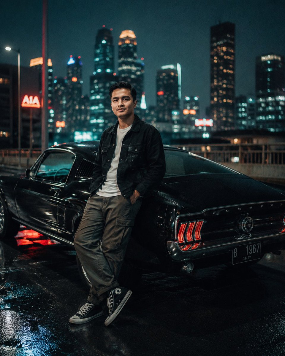 AI Prompt for Cinematic Urban Mustang Photography with Neon Lights and Wet Overpass