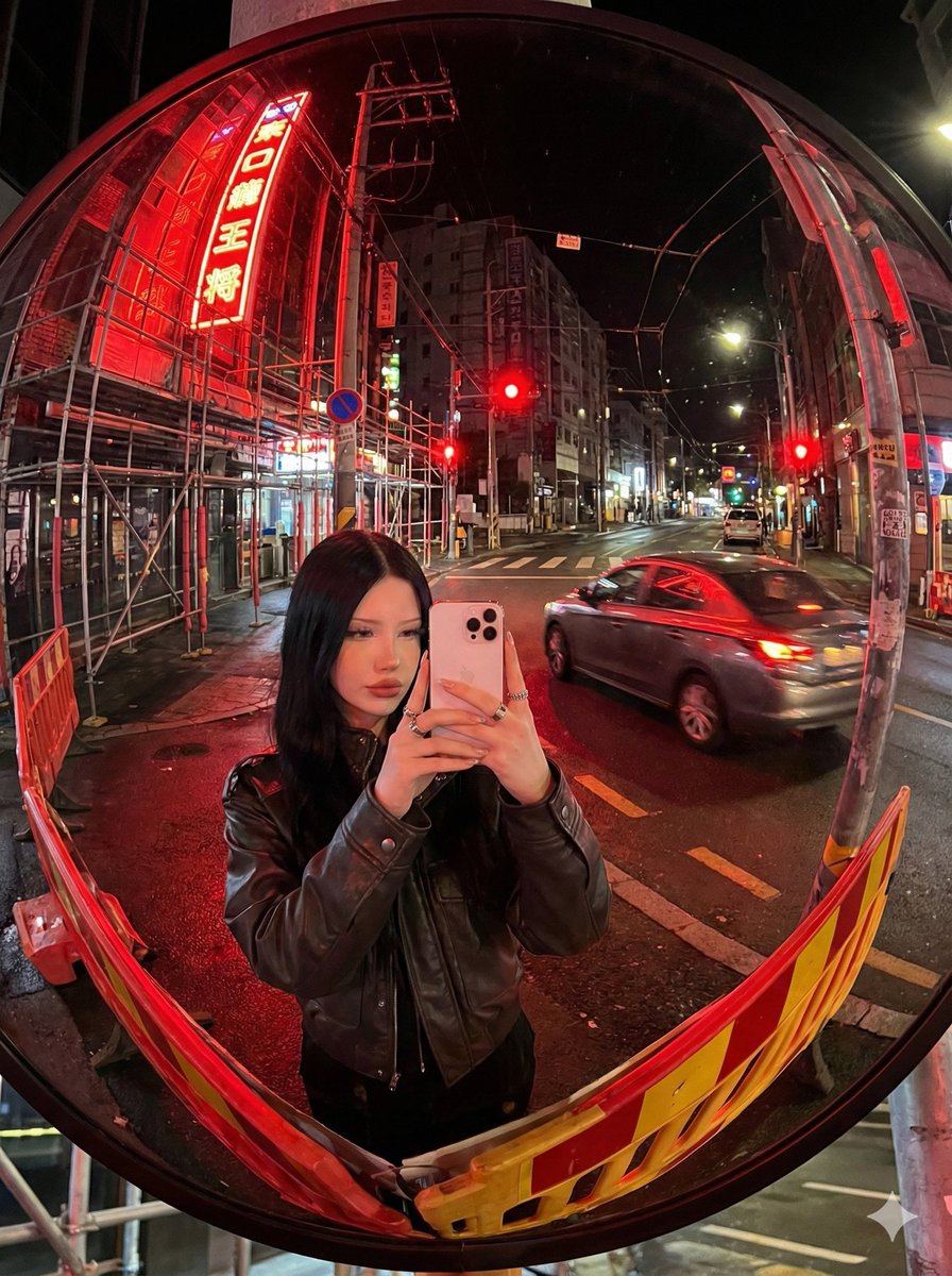 AI Prompt for Cinematic Urban Night Selfie in Convex Mirror