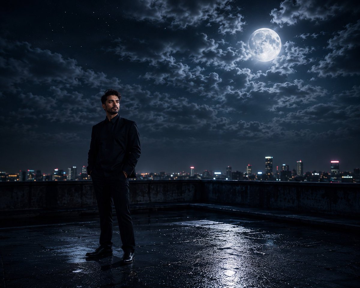 AI Prompt for Cinematic Urban Rooftop Portraits with Full Moon