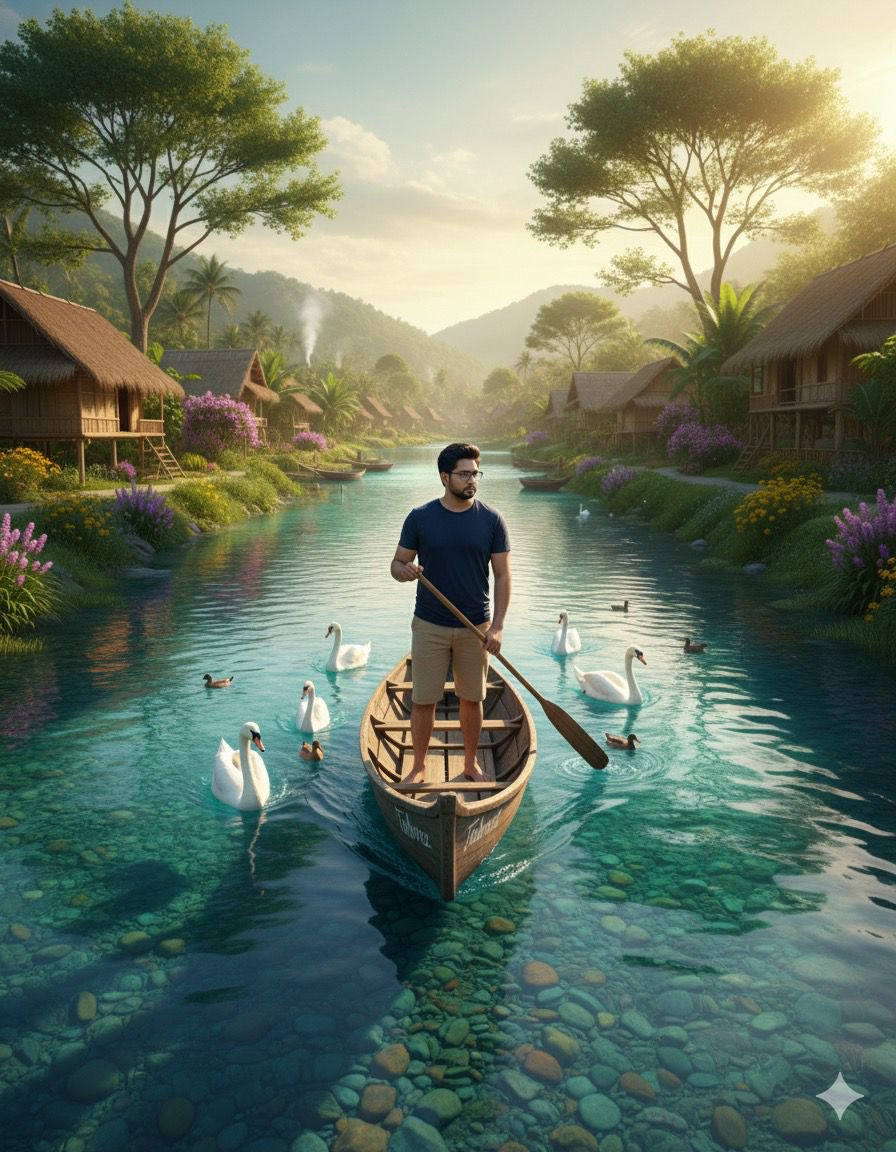AI Prompt for Cinematic Village Scene with Man in Boat