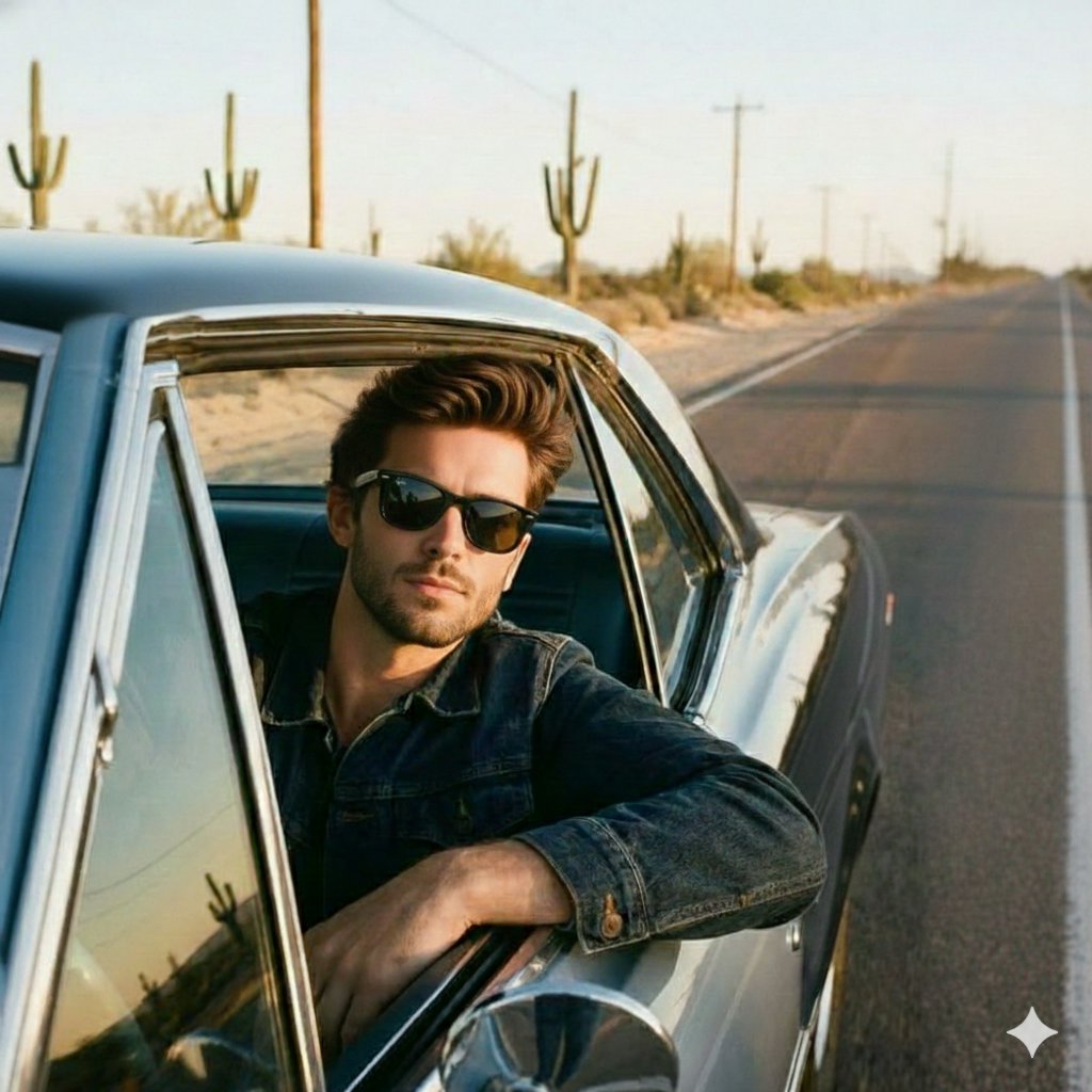 AI Prompt for Cinematic Vintage Car Portrait with Golden Hour Lighting