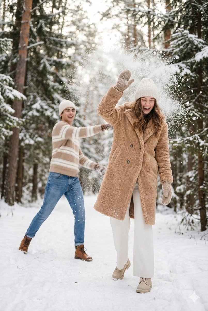 AI Prompt for Cinematic Winter Scene: Couple Throwing Snow in a Snowy Forest