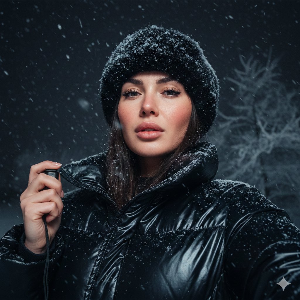 AI Prompt for Cinematic Winter Selfie Portrait with Moody Snowy Atmosphere