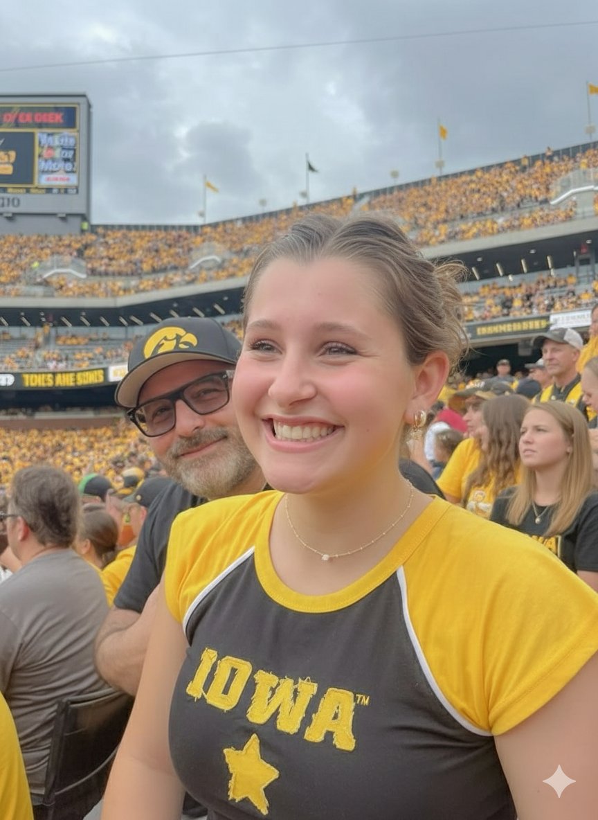 AI Prompt for College Football Stadium Selfie with Happy Smiling Girl in Hawkeyes Apparel