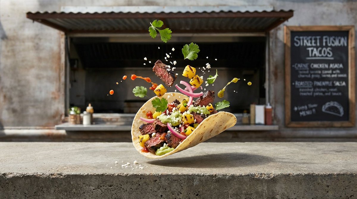 AI Prompt for Composite Photography: 4 High-Detail Images with Street Food, Drone Racing, Tattoos, and Barista Scenes