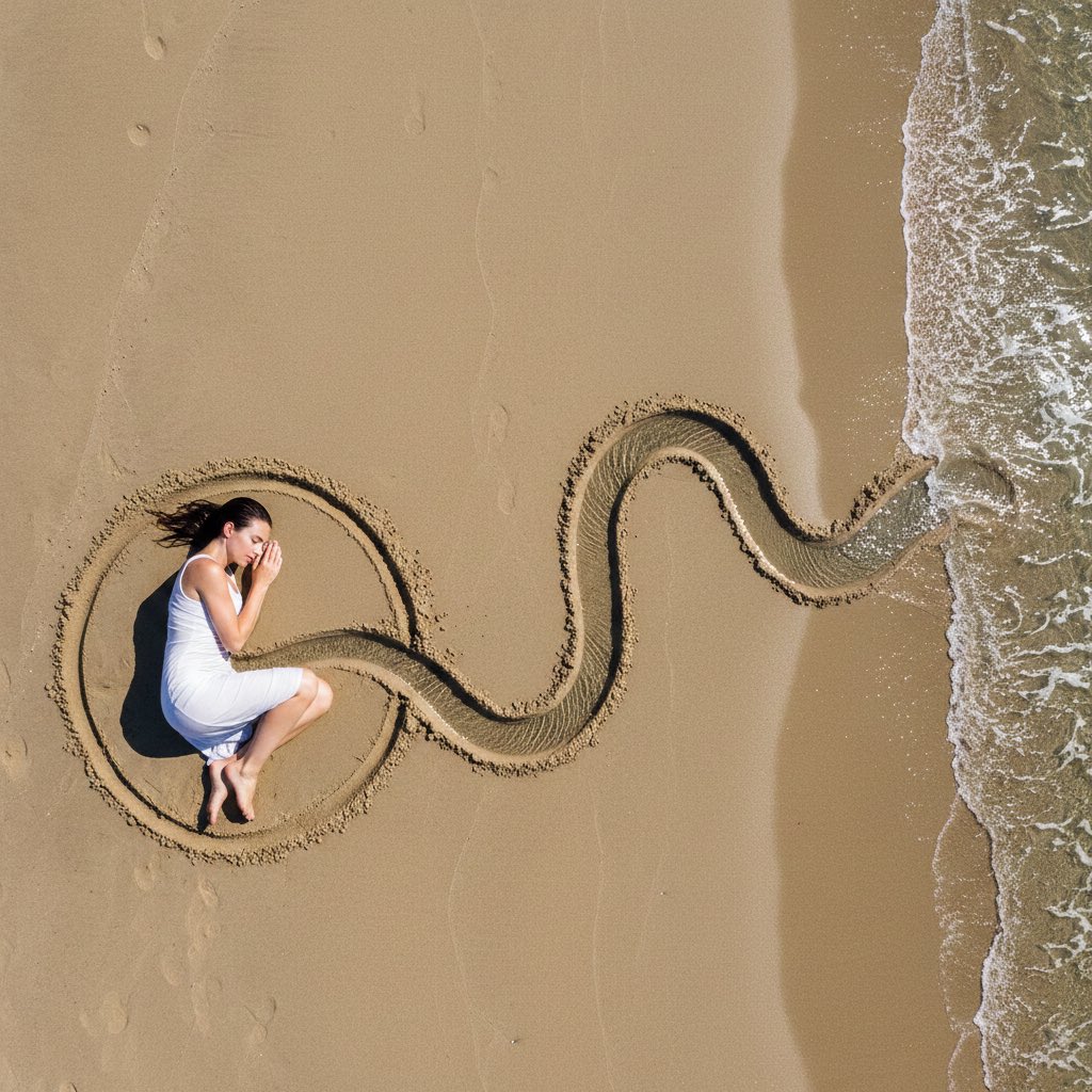 AI Prompt for Conceptual Land Art Photography of Woman Connected to Sea