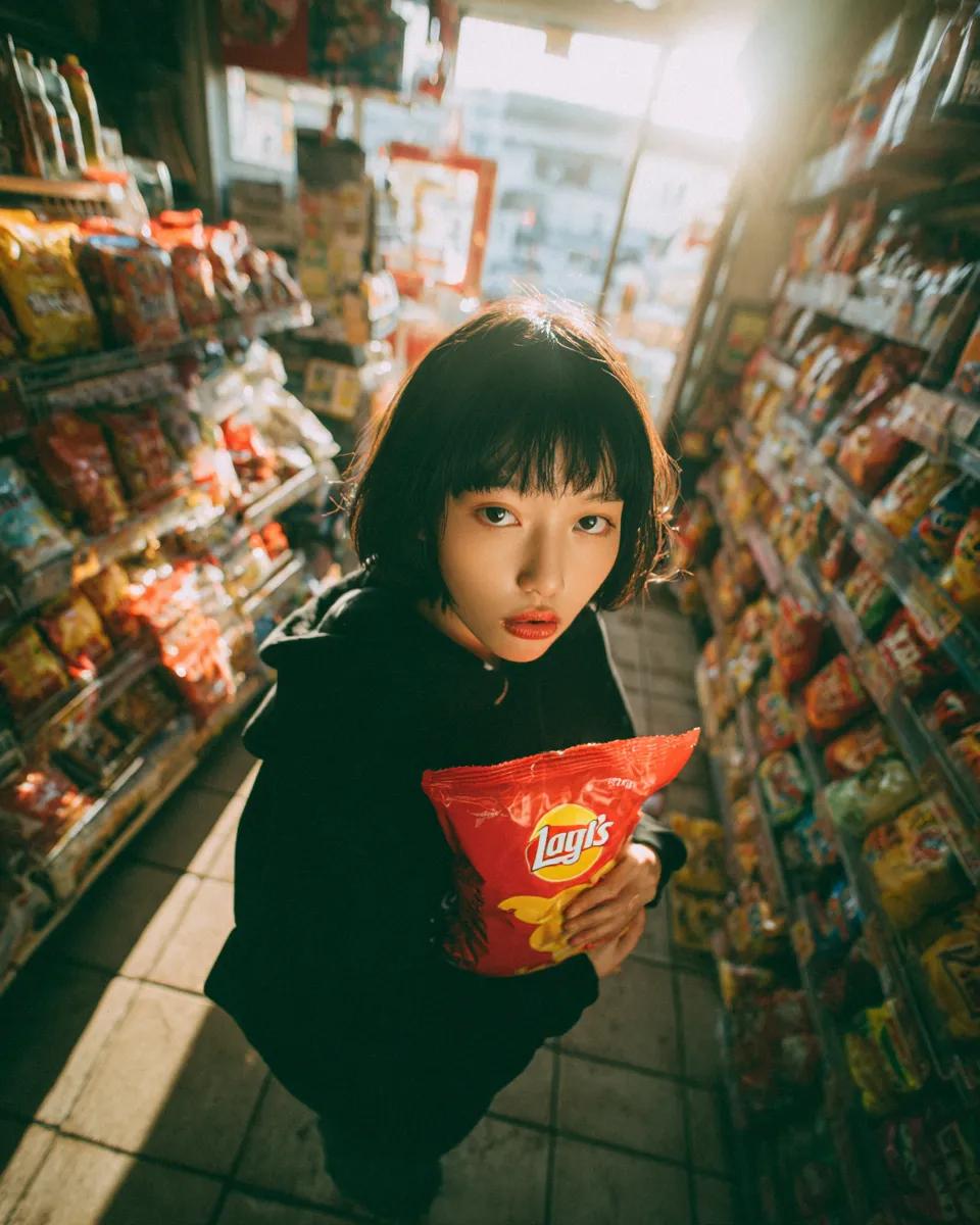 AI Prompt for Convenience Store Portrait with Warm Sunset Lighting