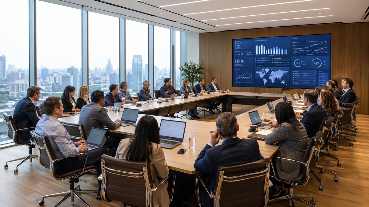 AI Prompt for Corporate Business Analytics Scene with Realistic People and Data Dashboards