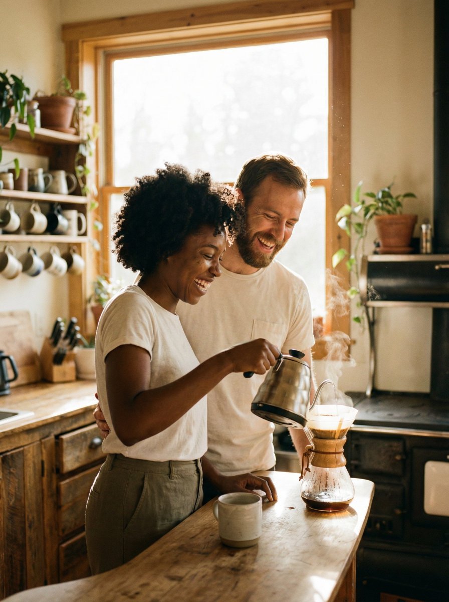 AI Prompt for Couples Coffee Photo: Diverse Group, Shallow Depth of Field, Warm Lighting