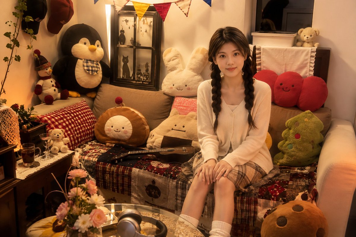 AI Prompt for Cozy Bedroom Portrait with Plush Toys
