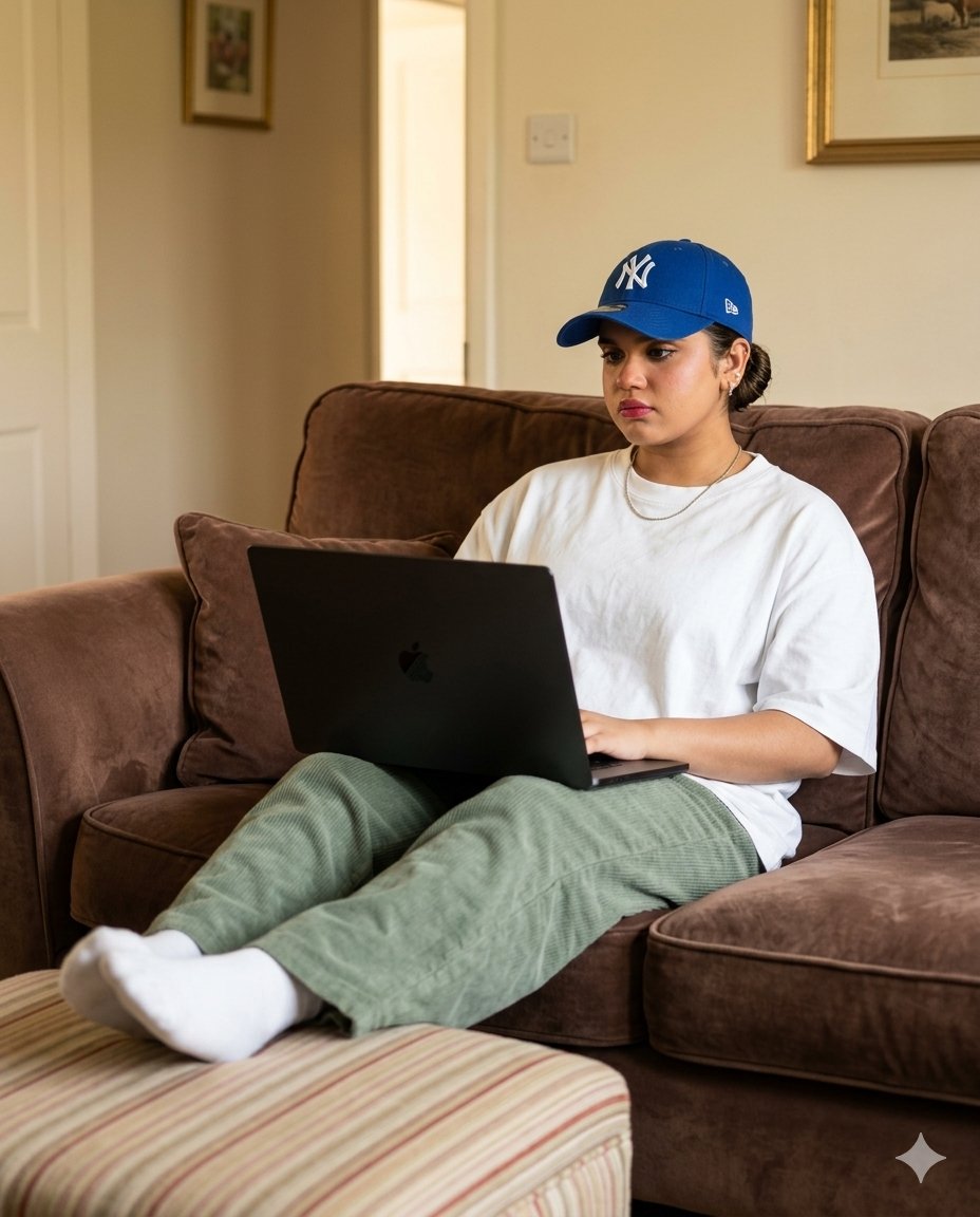 AI Prompt for Cozy English Cottage Scene with MacBook User