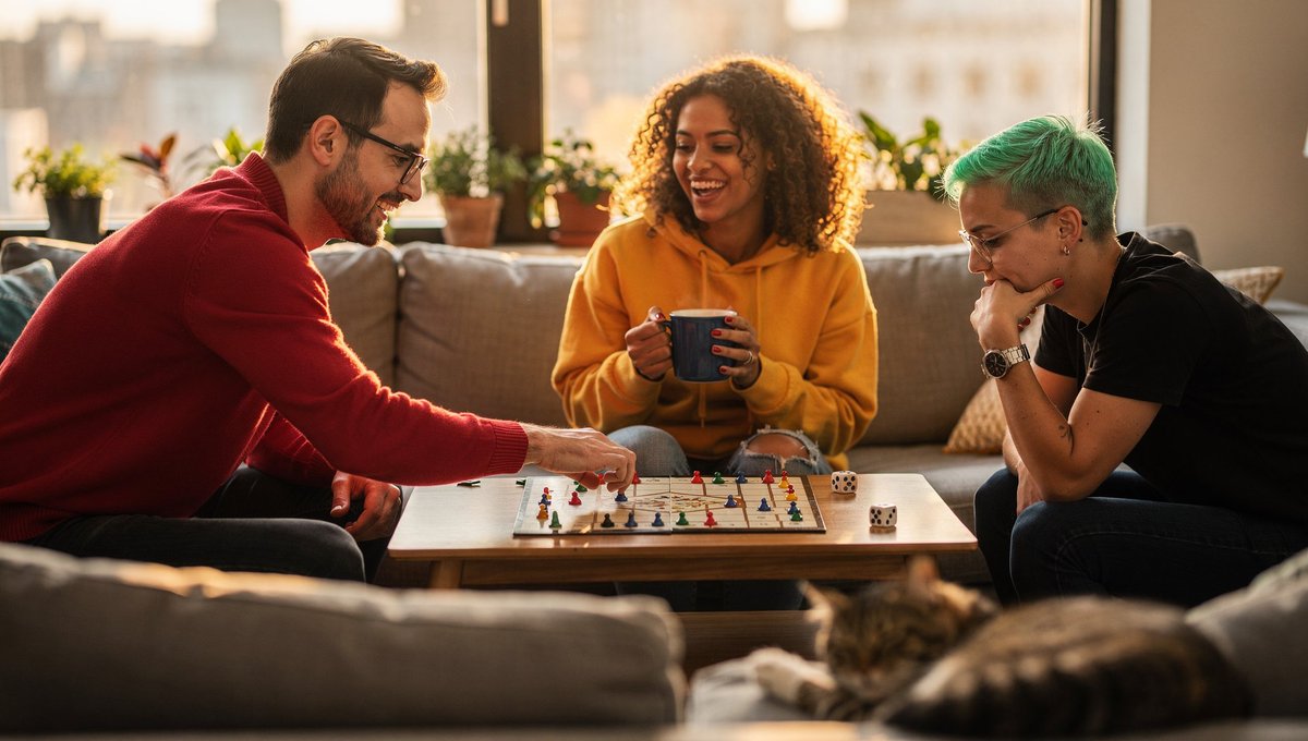 AI Prompt for Cozy Modern Living Room Scene with Friends Playing Board Game