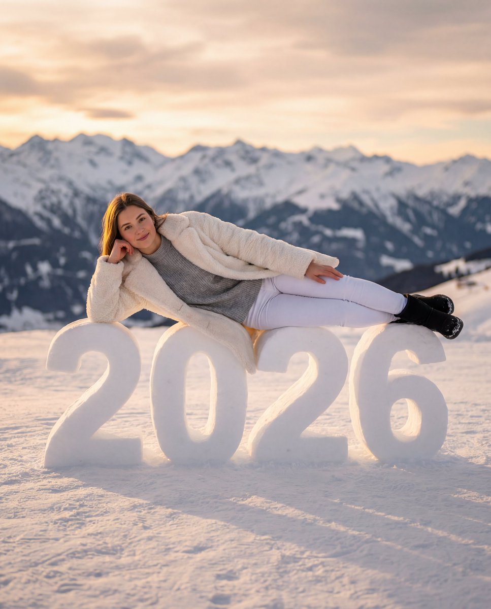 AI Prompt for Cozy New Year Winter Portrait: Golden Hour Photography of Female Model