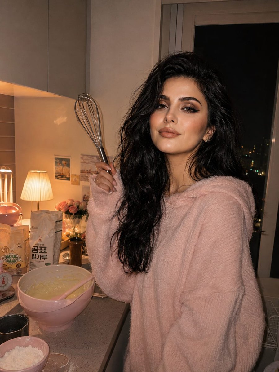 AI Prompt for Cozy Nighttime Korean Kitchen Portrait: Influencer Style Photography