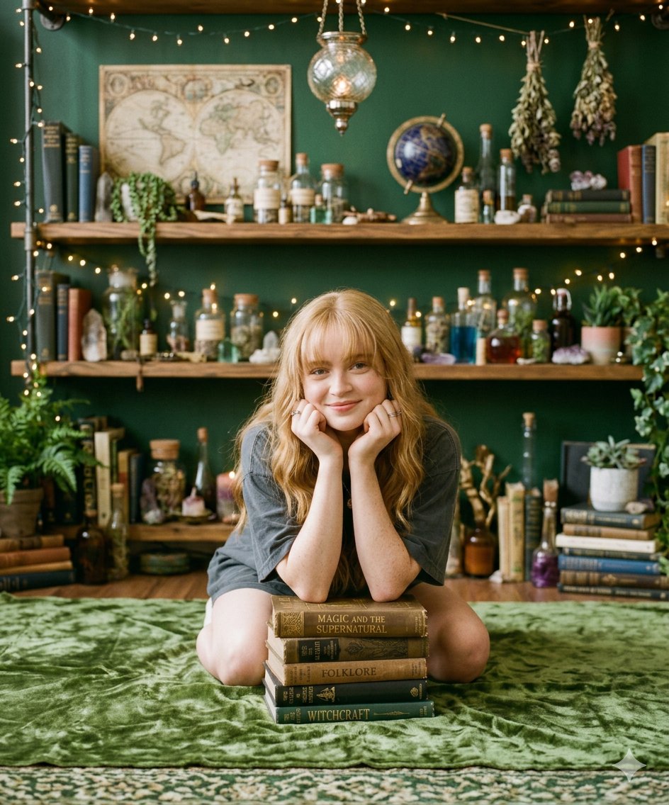 AI Prompt for Cozy Photography: Mystical Girl with Vintage Books