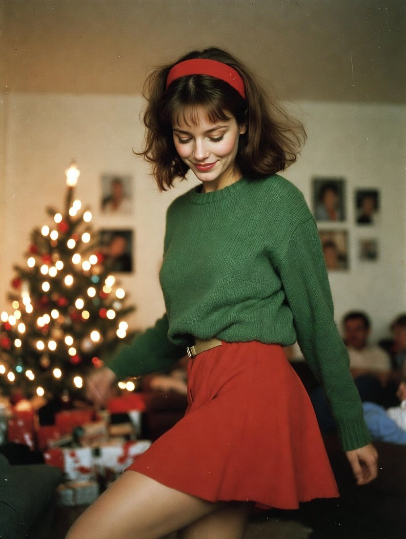 AI Prompt for Cozy Retro Christmas Scene with Blonde Woman and Motion Blur