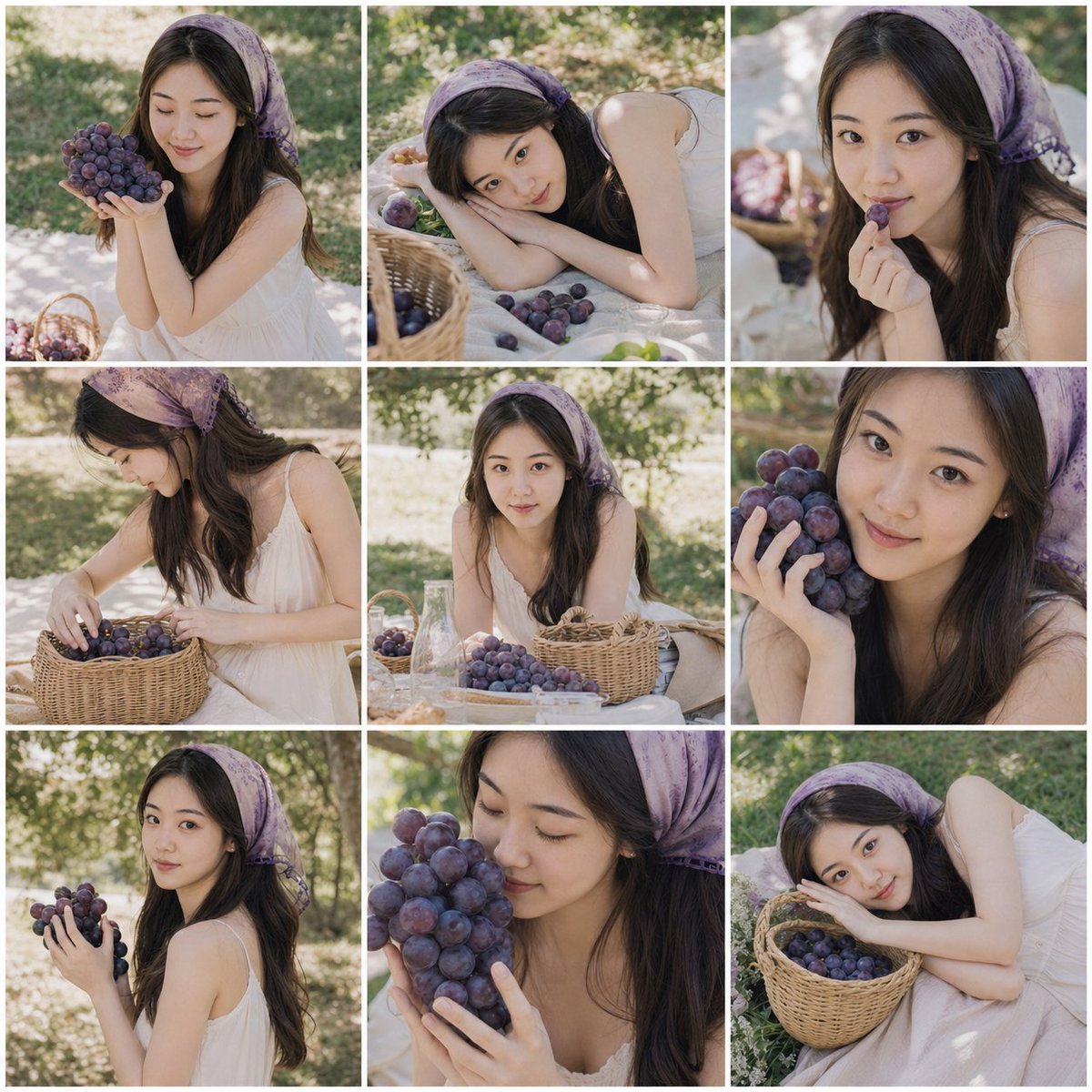 AI Prompt for Creating a 3x3 Retro Photo Grid of a Summer-Themed "Grape Girl" Influencer Portrait