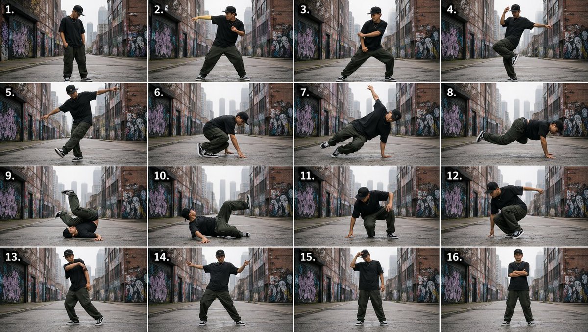 AI Prompt for Creating a Dynamic 4x4 Image Grid of an Urban Street Dancer