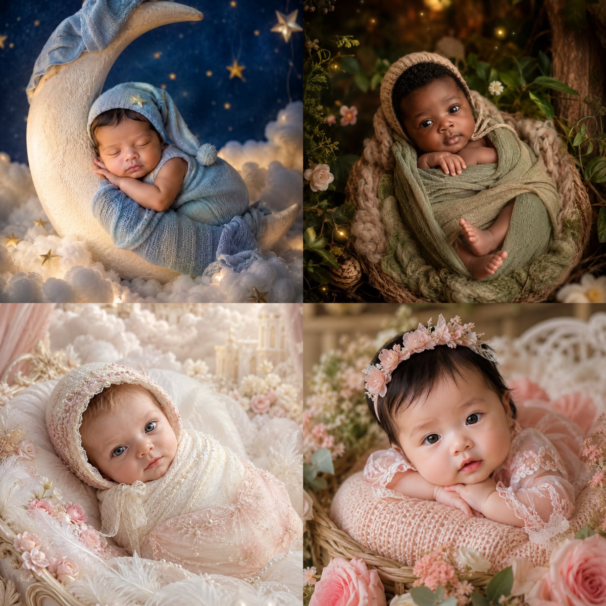 AI Prompt for Custom Newborn Portrait Collages with 4 Unique Themes