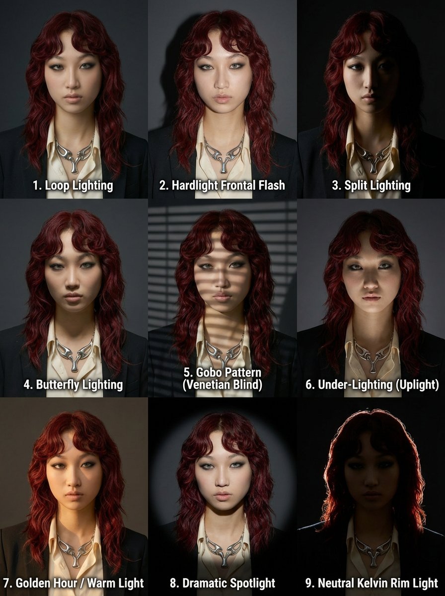AI Prompt for Custom Relighting Cheatsheet with 3x3 Grid Portrait Lighting Techniques