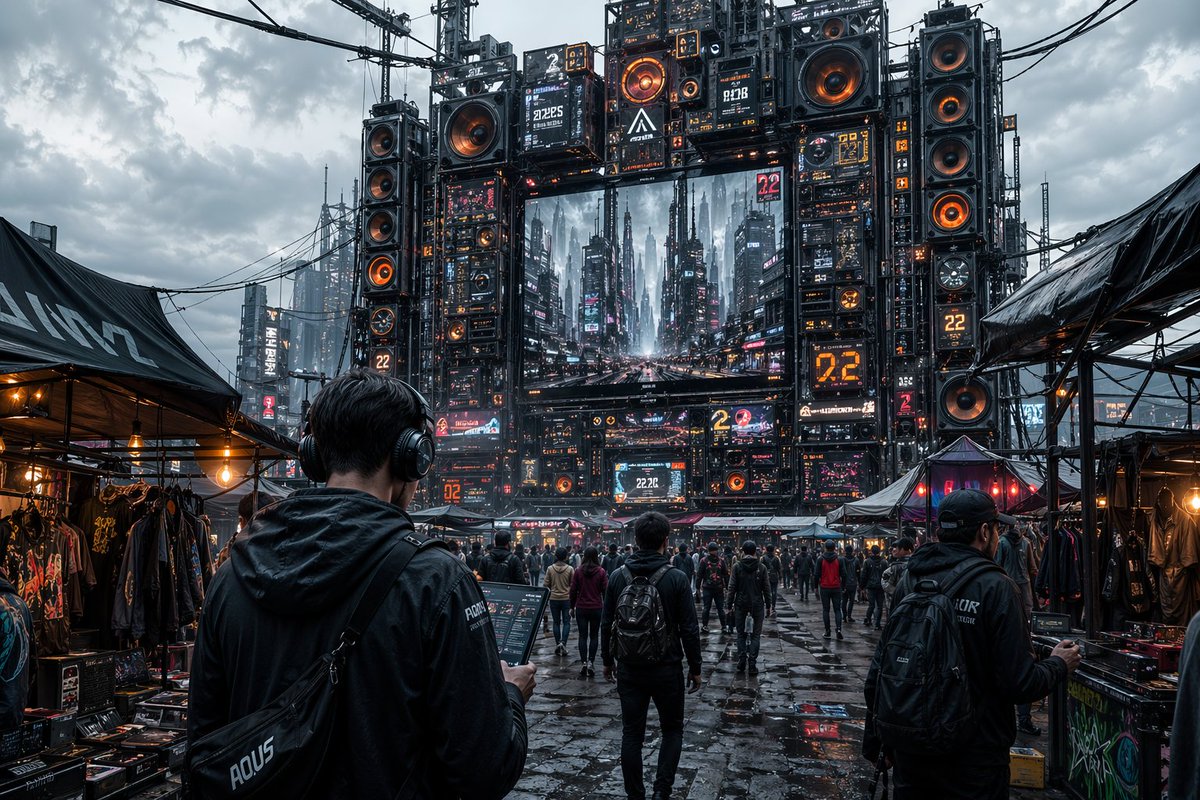 AI Prompt for Cyberpunk Photography: Vast Neon Market Scene with Immersive Sound System