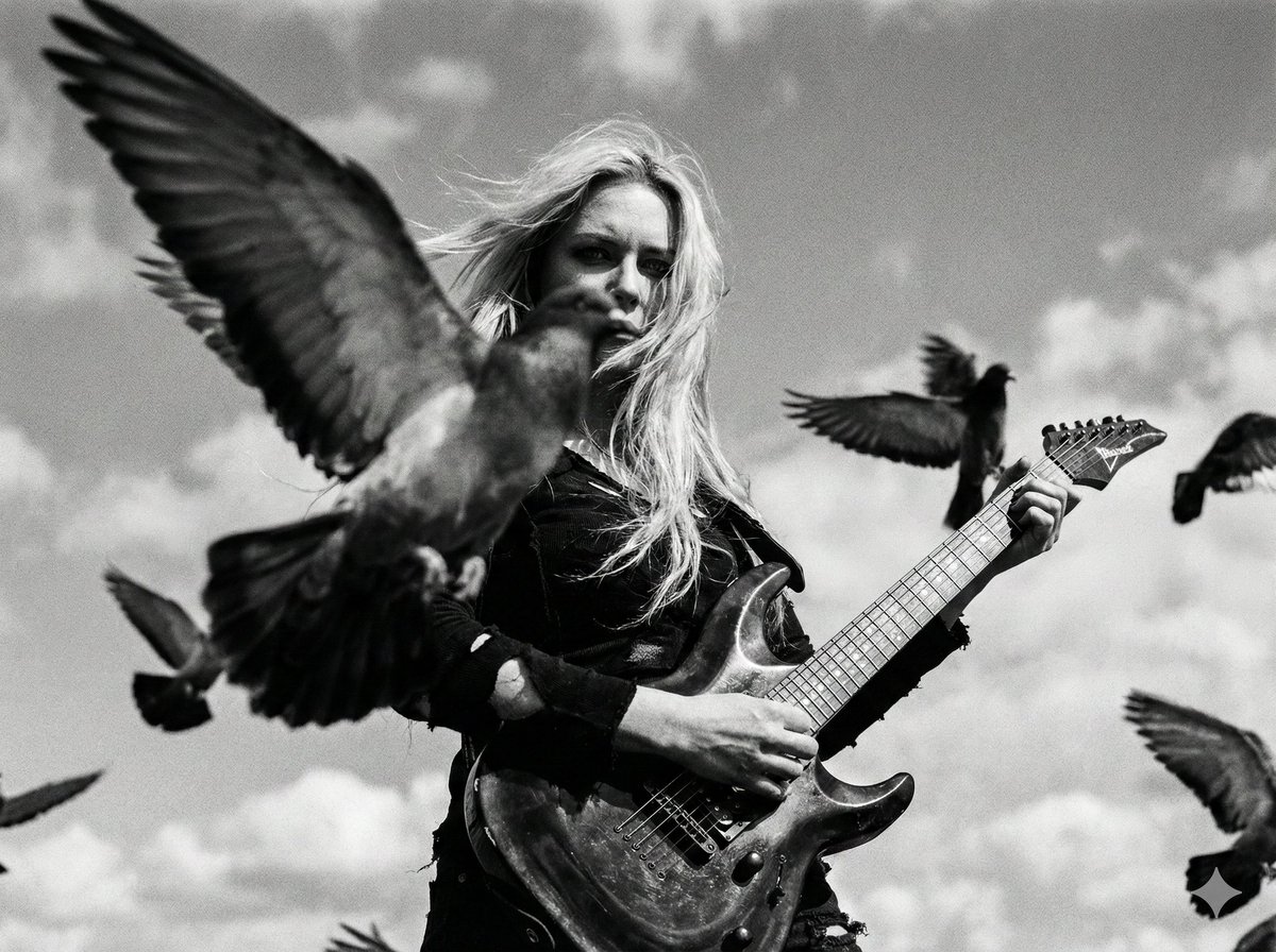 AI Prompt for Dark Pin-Up Poster with Woman, Guitar, and Flying Pigeons