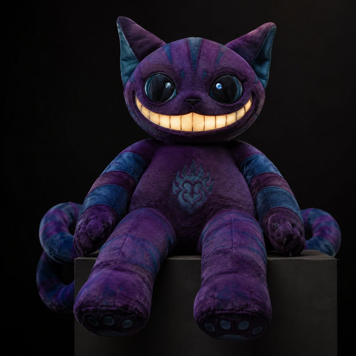 AI Prompt for Dark Whimsical Cheshire Cat Plush Toy Product Photography